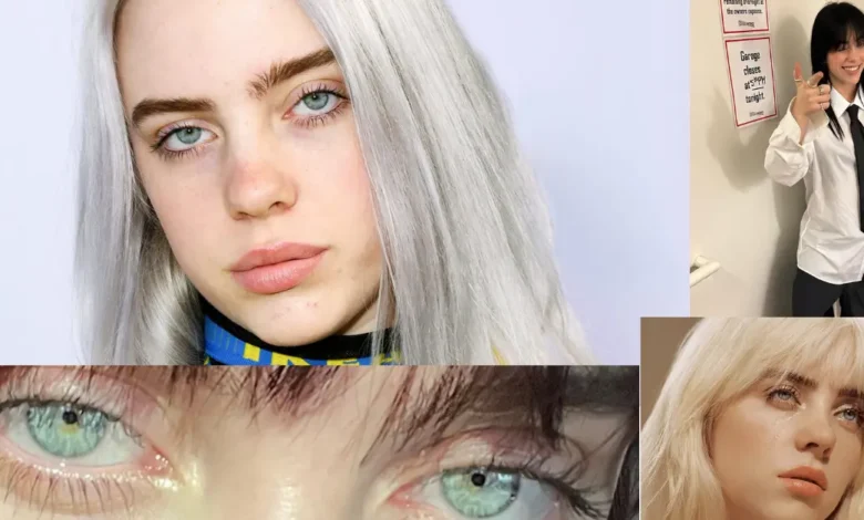 In this image there are the 4 images of Billie Eilish 1 image of their beautiful and Ocean Eyes and the remain 3 of their face